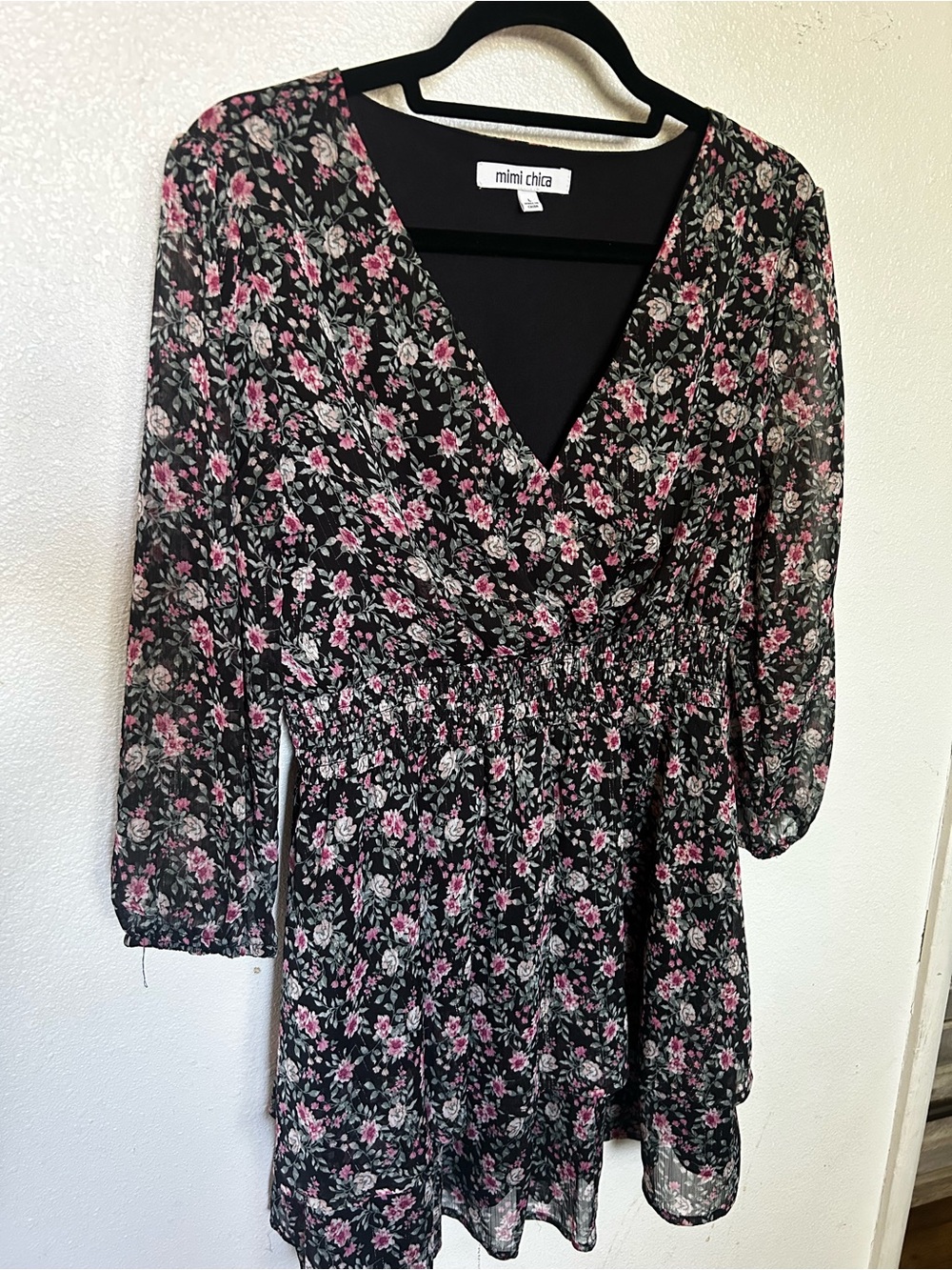 Mimi Chica Black Floral V-Neck Mini Dress with Pink Roses